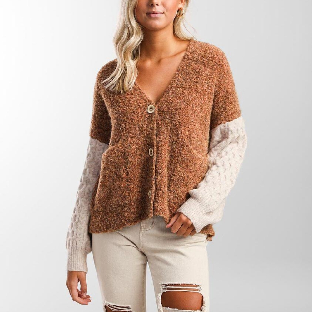 Gilded Intent Fuzzy Cable Knit Cardigan | Rust & Cream | XS | NWT | Fall Sweater